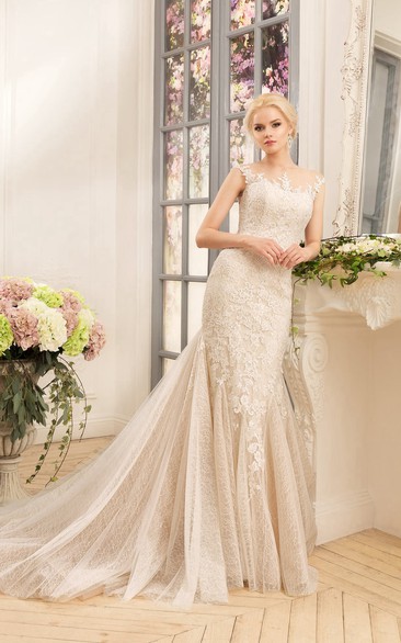 Sheath Long Bateau Cap-Sleeve Illusion Lace Tulle Dress With Appliques And Pleats