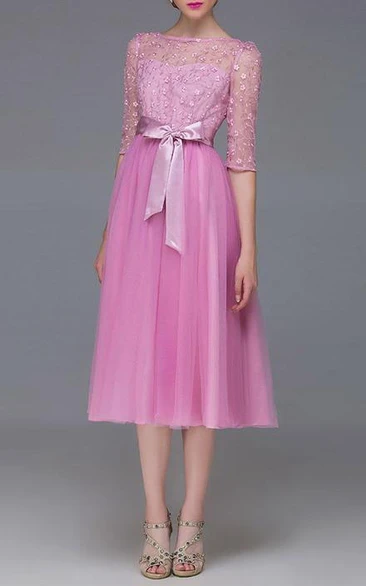 Half Sleeve Bowknot Appliques A-Line Prom Dress