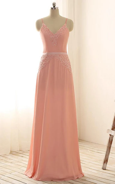 Spaghetti Straps V-neck Appliques Chiffon Lace Dress