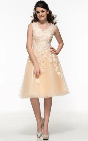V-Neck Appliques Beaded Lace Knee-Length Prom Dress