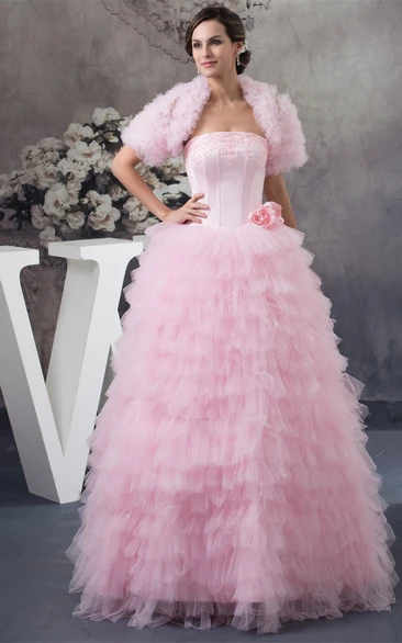 Sleeveless Ruffled Bolero and Ball-Gown With Appliques