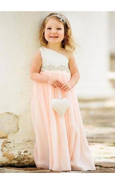 Delicate One Shoulder Chiffon Flower Girl Dress Pearls