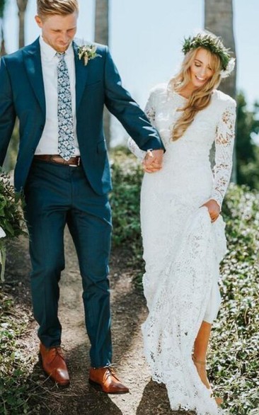 Long Sleeve Boho Lace Modest Fit and Flare Wedding Dress