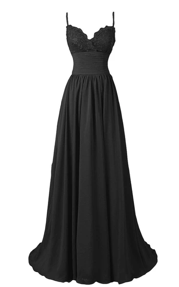 Sleeveless Empire Chiffon Gown With Spaghetti Straps