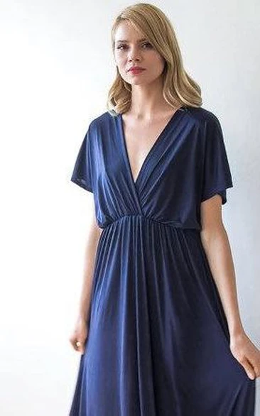 V Neck V Back Short Sleeve Pleated A-line Jersey Floor Length Dress