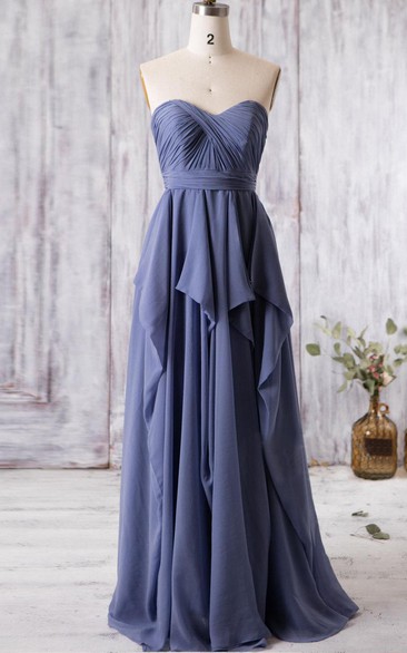 Sweetheart Empire Pleated A-line Chiffon Long Dress With Ruffles and Keyhole