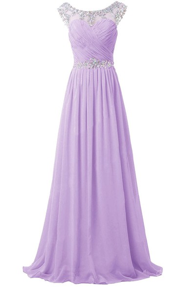 Gorgeous Cap-sleeve Scoop Crystal-beaded Chiffon A-line Dress