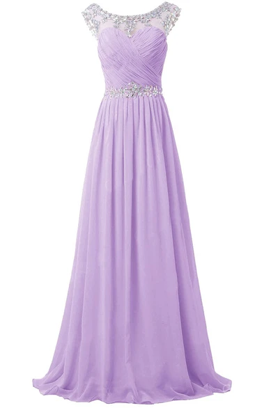 Gorgeous Cap-sleeve Scoop Crystal-beaded Chiffon A-line Dress