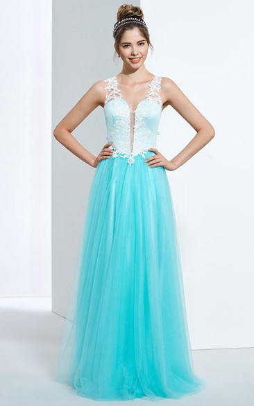 A-Line V-Neck Appliques Button Floor-Length Prom Dress