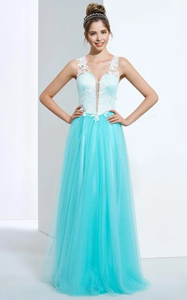 A-Line V-Neck Appliques Button Floor-Length Prom Dress
