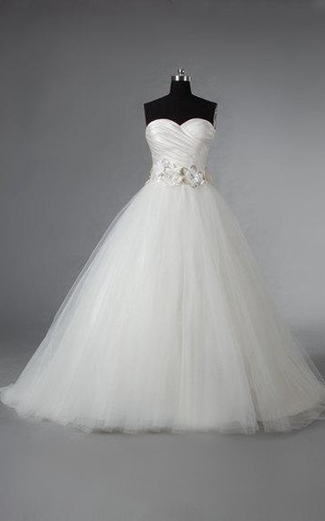 Sweetheart Tulle Ball Gown With Ruched Crisscross Bodice and Beaded Flowers