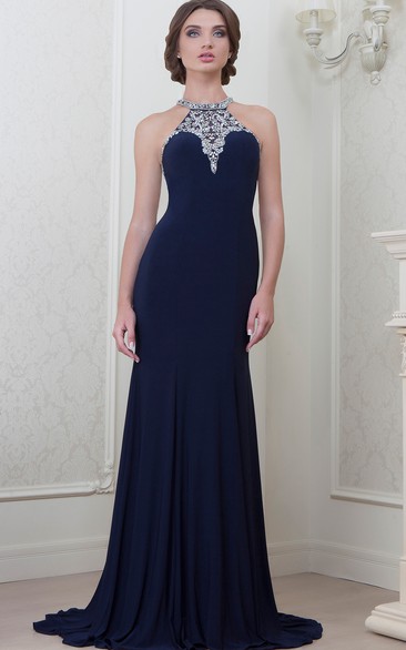 A-Line Maxi Beaded Sleeveless High-Neck Jersey Evening Dress With Pleats