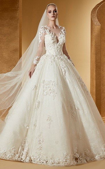 Vintage Long-Sleeve Ball Gown With Fine Appliques And Illusive Jewel Neck