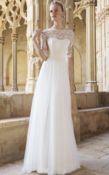 A-Line Floor-Length Half Sleeve Lace Bateau Neck Tulle Wedding Dress