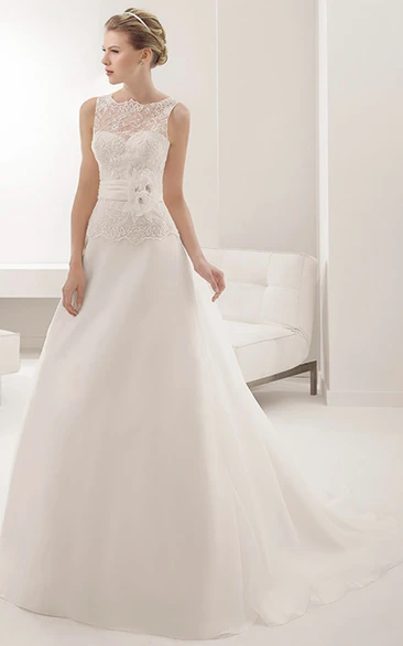 Sleeveless Illusion Neck A-line Wedding Gown With Waist Flower