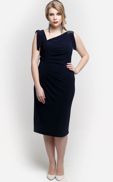 Asymmetric Neck Sheath Jersey Knee Length Dress With Applique