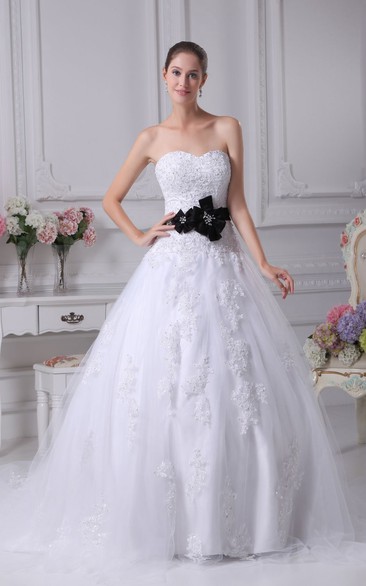 Strapless A-Line Tulle Ball Gown With Lace Appliques and Floral Waist