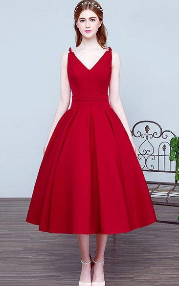 V-Neck Bowknot Tea-Length Prom Dress