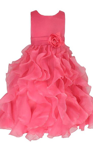 Sleeveless A-line Ruffled Dress With Flower and Bow