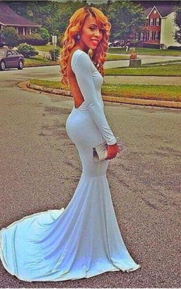 Sexy White Open Back Long Sleeve Prom Dress Long Evening Party Gown