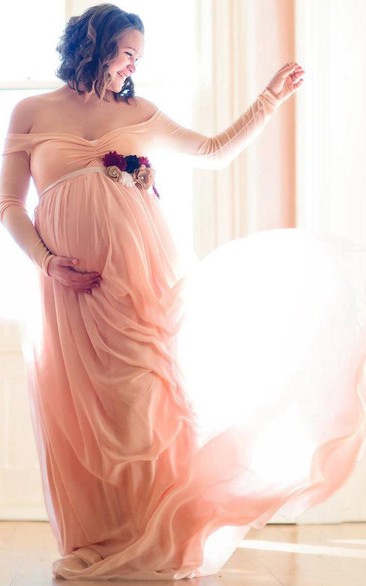 Off-the-shoulder Long Sleeve Chiffon Maternity Dress With Split Front&Split