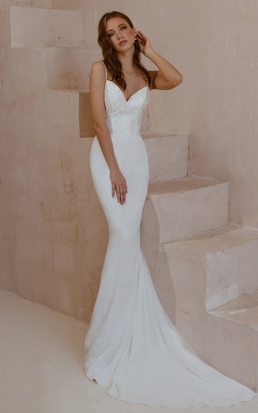 Sexy Spaghetti Satin Lace Mermaid Sleeveless Floor-length Sweep Train Wedding Dress