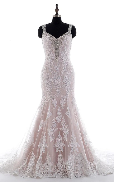 Mermaid Mini Straps V-Neck Bell Cap Beading Appliques Court Train Backless Straps Lace Dress