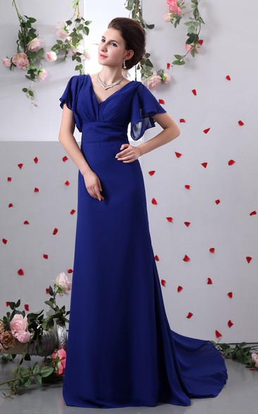 Chiffon V-Neck Caped Sleeve Sheath Dress With Brush Train