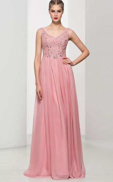 A-Line V-Neck Beading Long Prom Dress