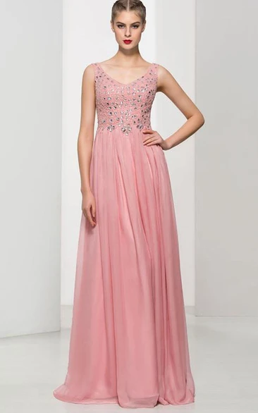 A-Line V-Neck Beading Long Prom Dress