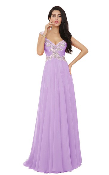 Cap-sleeve Crystal-beaded Chiffon A-line Dress With High-slit