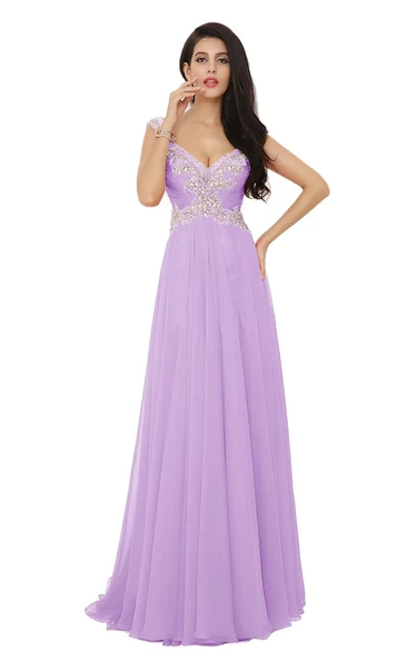 Cap-sleeve Crystal-beaded Chiffon A-line Dress With High-slit