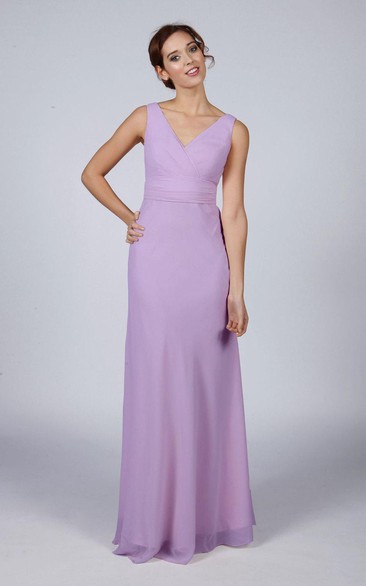 V Neck V Back A-line Chiffon Long Dress Lilac