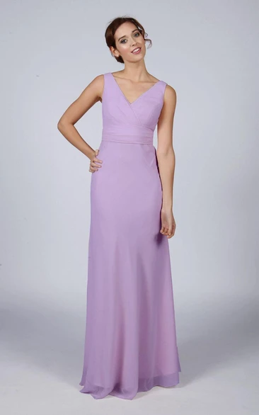 V Neck V Back A-line Chiffon Long Dress Lilac
