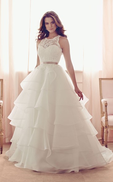 A-Line Long Dress With Lace Bodice And Cascading Ruffles