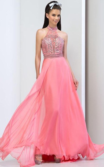 Halter Ruffles Beaded Sweep Train Prom Dress