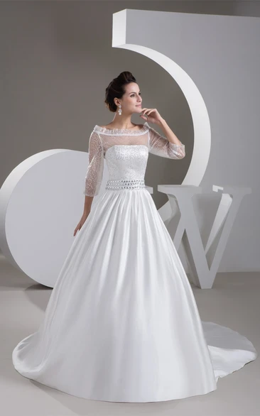 Off-The-Shoulder A-Line Satin Gemmed Waist and Gown With Illusion