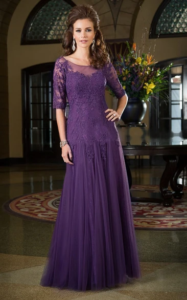 Half-Sleeved Long Mother Of The Bride Dress With Dropped Waistline And Appliques