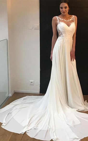 Romantic A Line Chiffon Bateau Sleeveless Wedding Dress with Appliques