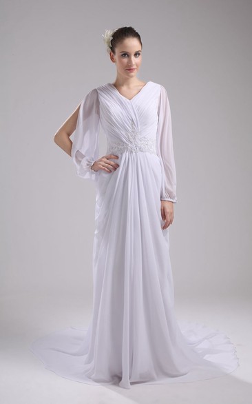 Ethereal V-Neck Chiffon Pleated Dress With Beading and Court Train