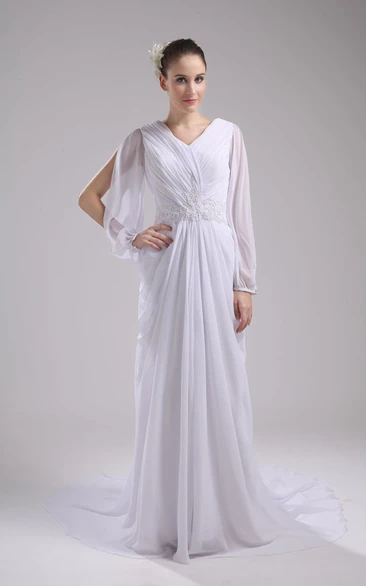 Ethereal V-Neck Chiffon Pleated Dress With Beading and Court Train