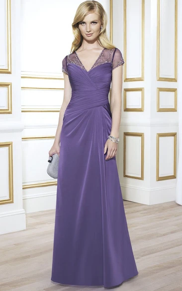 Ruched V-Neck Cap Sleeve Jersey Mother Of The Bride Dress With Beading