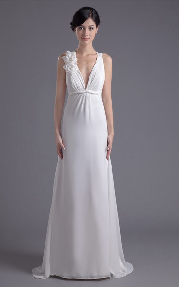 Plunged Sheath Sleeveless Ruched Waist and Dress With Flower
