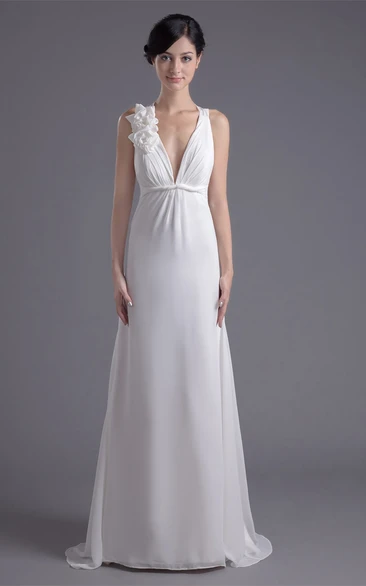 Plunged Sheath Sleeveless Ruched Waist and Dress With Flower