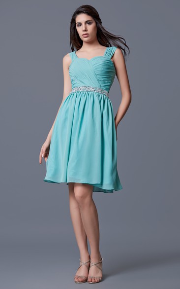 Off the Shoulder Ruched Short A-line Chiffon Dress With Beaded Waist