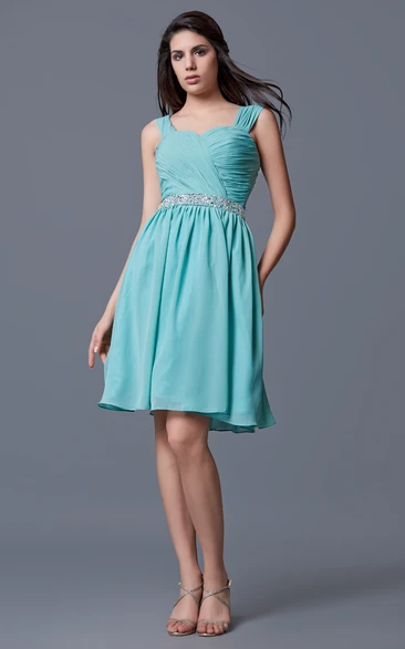 Off the Shoulder Ruched Short A-line Chiffon Dress With Beaded Waist
