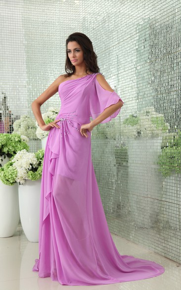 Unique Backless Sequined One-Shoulder Side Draped Chiffon Gown