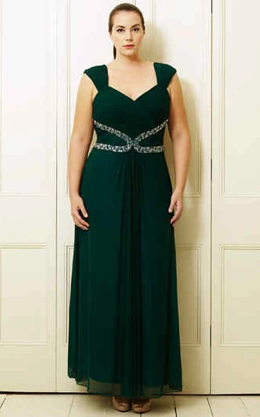 A-Line Knee-Length Sleeveless Beaded Queen-Anne Chiffon Plus Size Prom Dress With Ruching