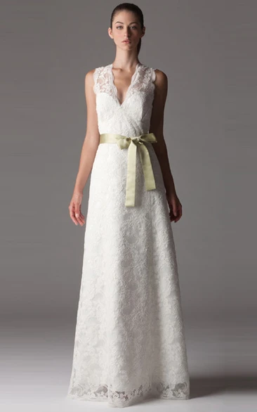 Sheath V-Neck Long-Sleeveless Lace Wedding Dress With Bow And V Back