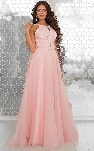 A-Line Floor-Length Halter Sleeveless Tulle Beading Appliques Straps Dress